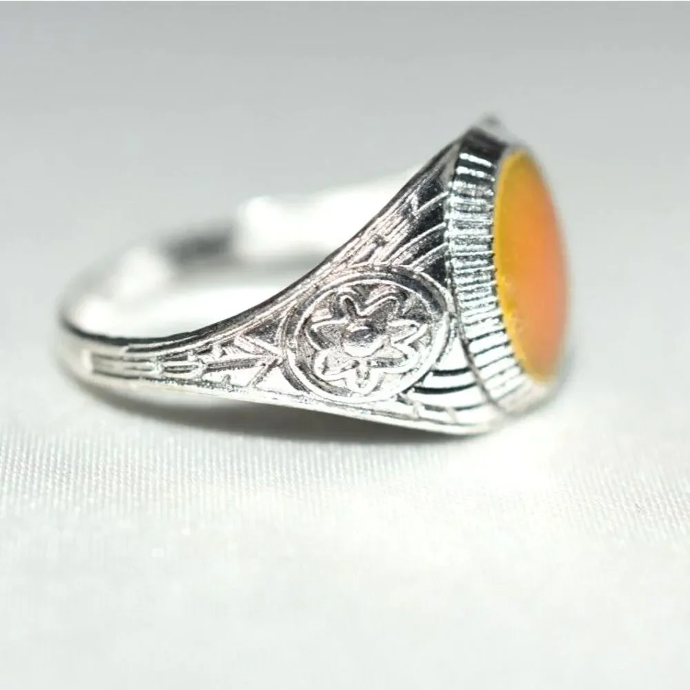 NWOT Oval Orange Flat Stone Etched Floral Silver Tone Sizes 9,10,11 & 12 Rings
